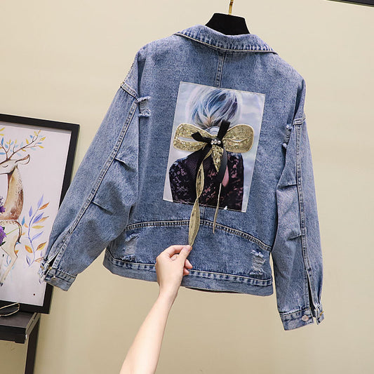 Ripped Sequined Denim Jacket Women Jacket Top - L&M LIFE PRODUCTS