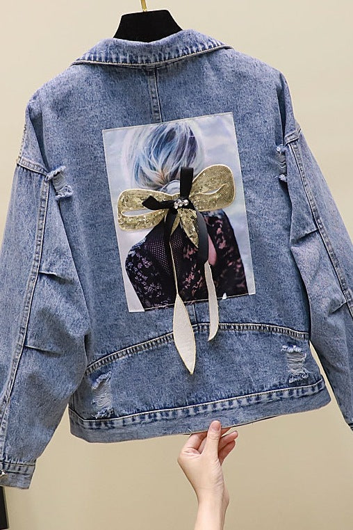 Ripped Sequined Denim Jacket Women Jacket Top - L&M LIFE PRODUCTS