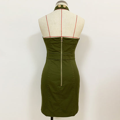 Women Lion Buttons Chain Green Cotton Backless Halter Dress - L&M LIFE PRODUCTS