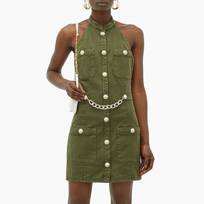 Women Lion Buttons Chain Green Cotton Backless Halter Dress - L&M LIFE PRODUCTS