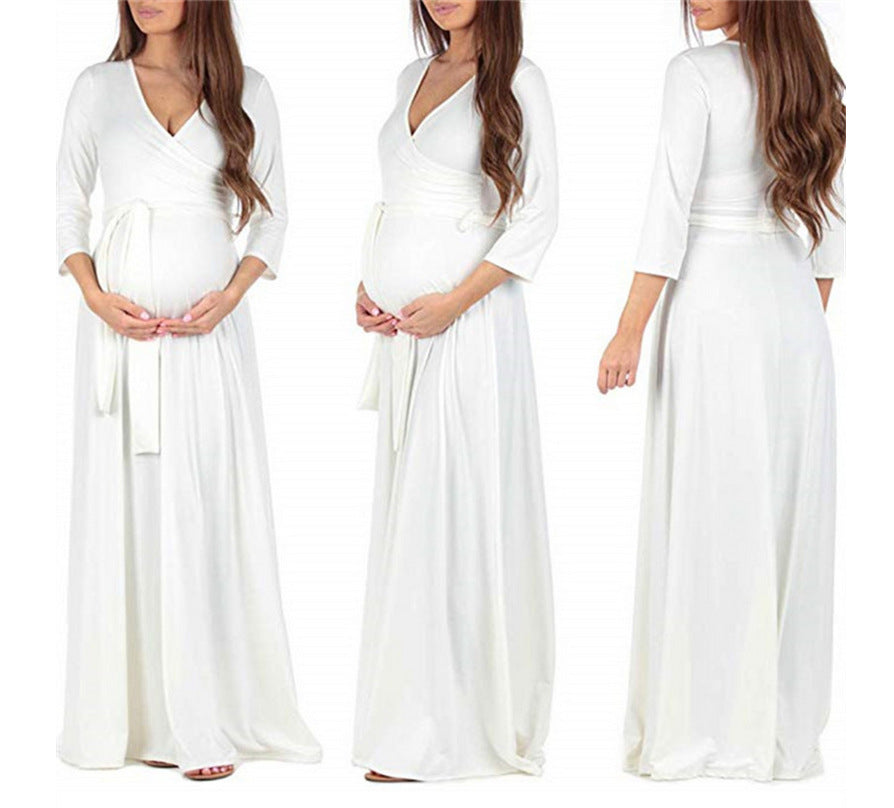 Long Sleeve Maternity Dress With Cross Deep V Neck Belt - L&M LIFE PRODUCTS