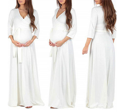 Long Sleeve Maternity Dress With Cross Deep V Neck Belt - L&M LIFE PRODUCTS