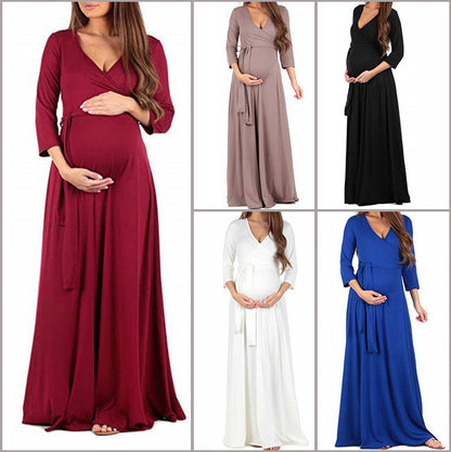 Long Sleeve Maternity Dress With Cross Deep V Neck Belt - L&M LIFE PRODUCTS