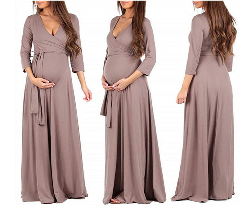 Long Sleeve Maternity Dress With Cross Deep V Neck Belt - L&M LIFE PRODUCTS