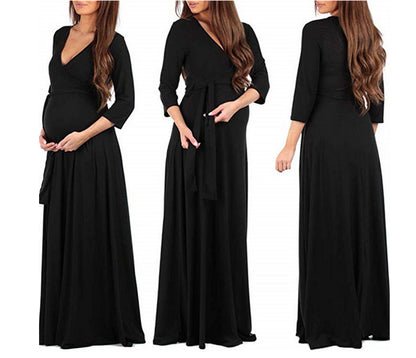 Long Sleeve Maternity Dress With Cross Deep V Neck Belt - L&M LIFE PRODUCTS