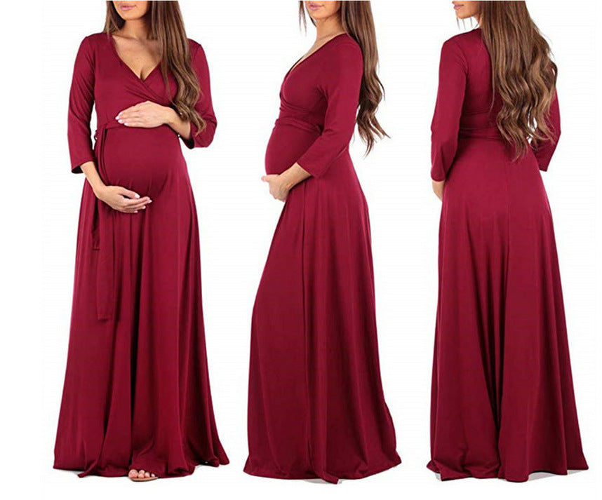 Long Sleeve Maternity Dress With Cross Deep V Neck Belt - L&M LIFE PRODUCTS