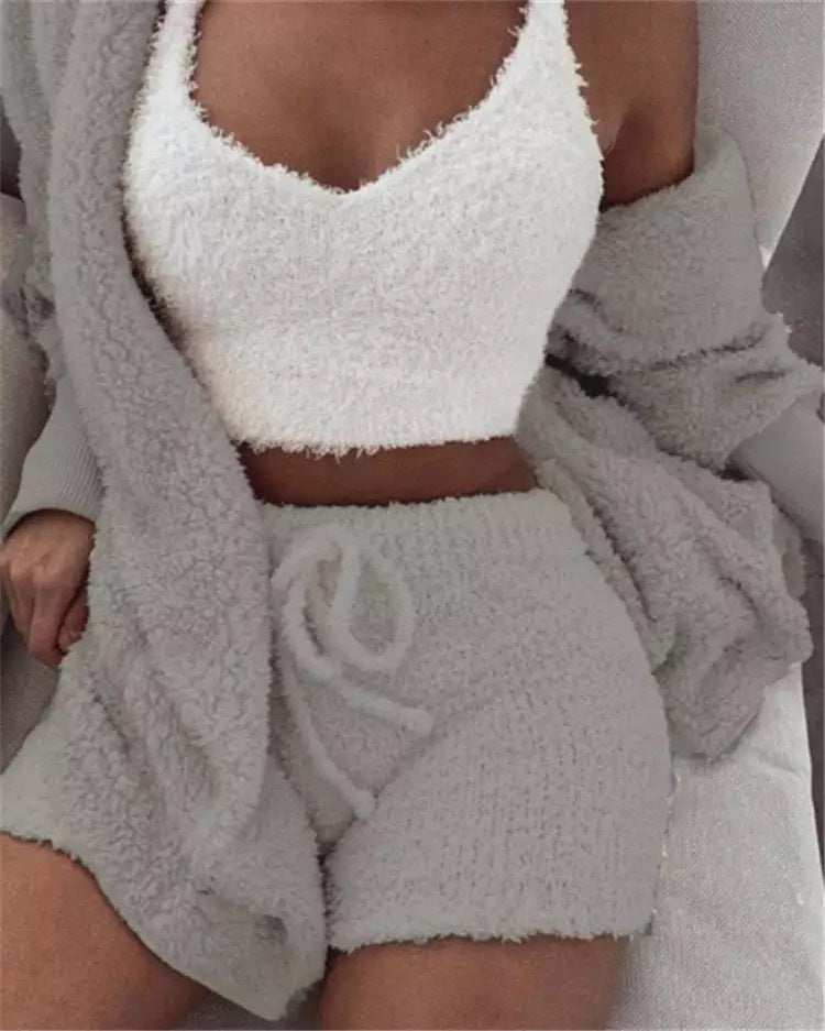 Winter Sexy Women Home Wear Suit Casual Pajamas Set Lady Female Soft Warm Long Sleeve Exposed Navel Vest Shorts Set - L&M LIFE PRODUCTS