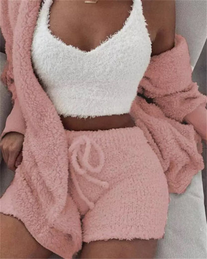 Winter Sexy Women Home Wear Suit Casual Pajamas Set Lady Female Soft Warm Long Sleeve Exposed Navel Vest Shorts Set - L&M LIFE PRODUCTS