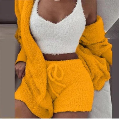 Winter Sexy Women Home Wear Suit Casual Pajamas Set Lady Female Soft Warm Long Sleeve Exposed Navel Vest Shorts Set - L&M LIFE PRODUCTS