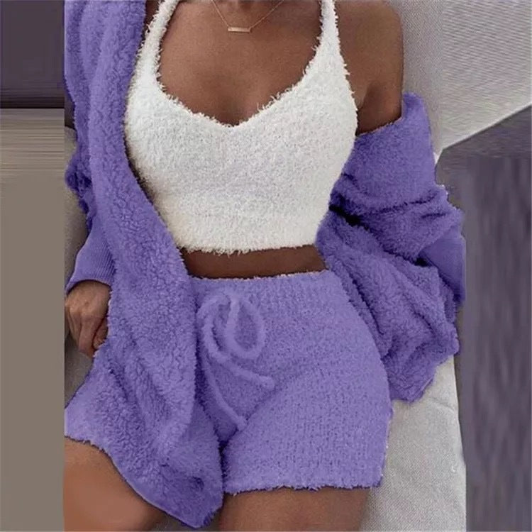 Winter Sexy Women Home Wear Suit Casual Pajamas Set Lady Female Soft Warm Long Sleeve Exposed Navel Vest Shorts Set - L&M LIFE PRODUCTS