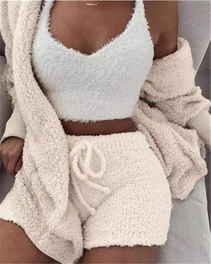 Winter Sexy Women Home Wear Suit Casual Pajamas Set Lady Female Soft Warm Long Sleeve Exposed Navel Vest Shorts Set - L&M LIFE PRODUCTS