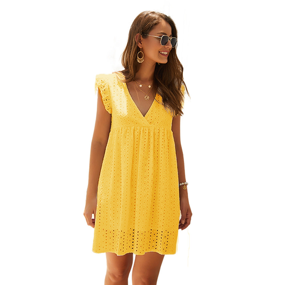 Summer V-neck Cotton Short Skirt Solid Color Dress - L&M LIFE PRODUCTS
