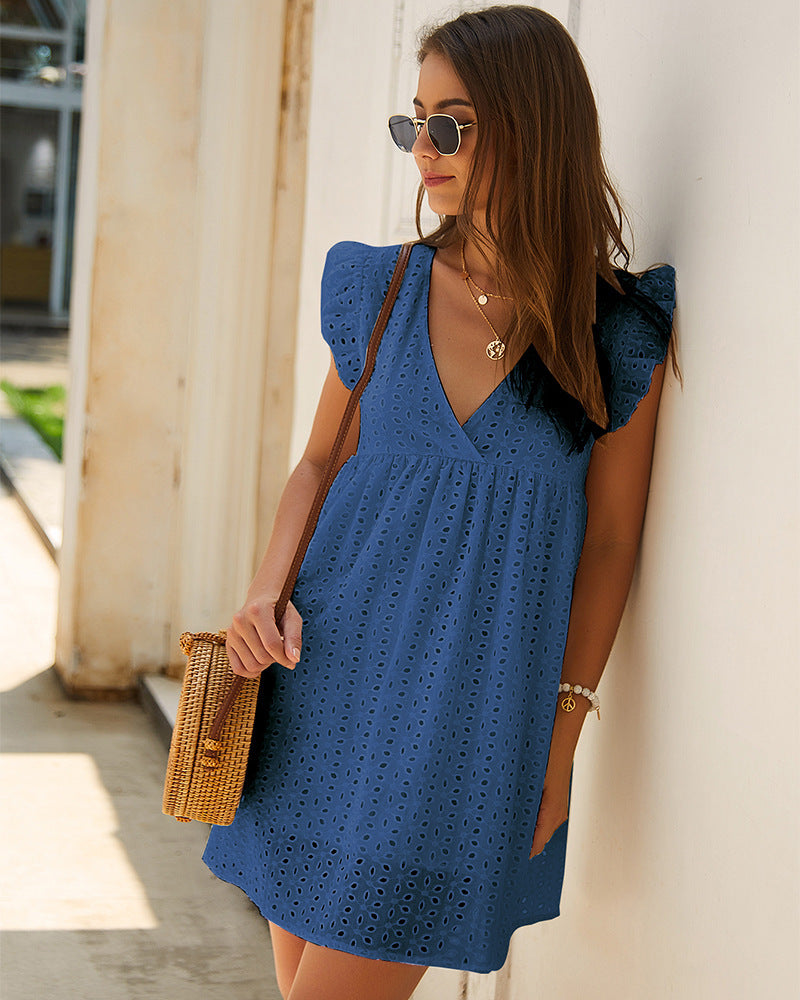Summer V-neck Cotton Short Skirt Solid Color Dress - L&M LIFE PRODUCTS