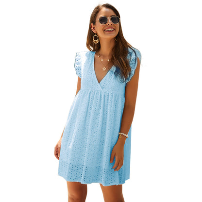 Summer V-neck Cotton Short Skirt Solid Color Dress - L&M LIFE PRODUCTS