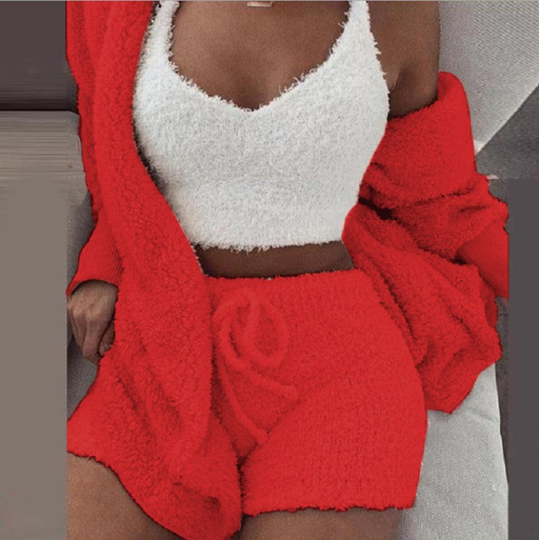 Winter Sexy Women Home Wear Suit Casual Pajamas Set Lady Female Soft Warm Long Sleeve Exposed Navel Vest Shorts Set - L&M LIFE PRODUCTS