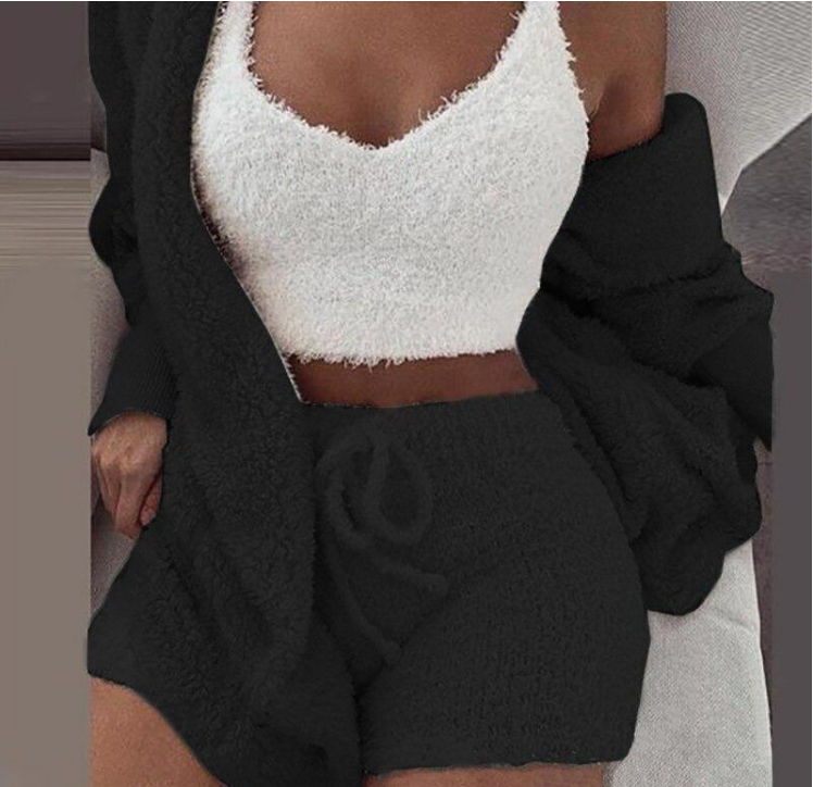 Winter Sexy Women Home Wear Suit Casual Pajamas Set Lady Female Soft Warm Long Sleeve Exposed Navel Vest Shorts Set - L&M LIFE PRODUCTS