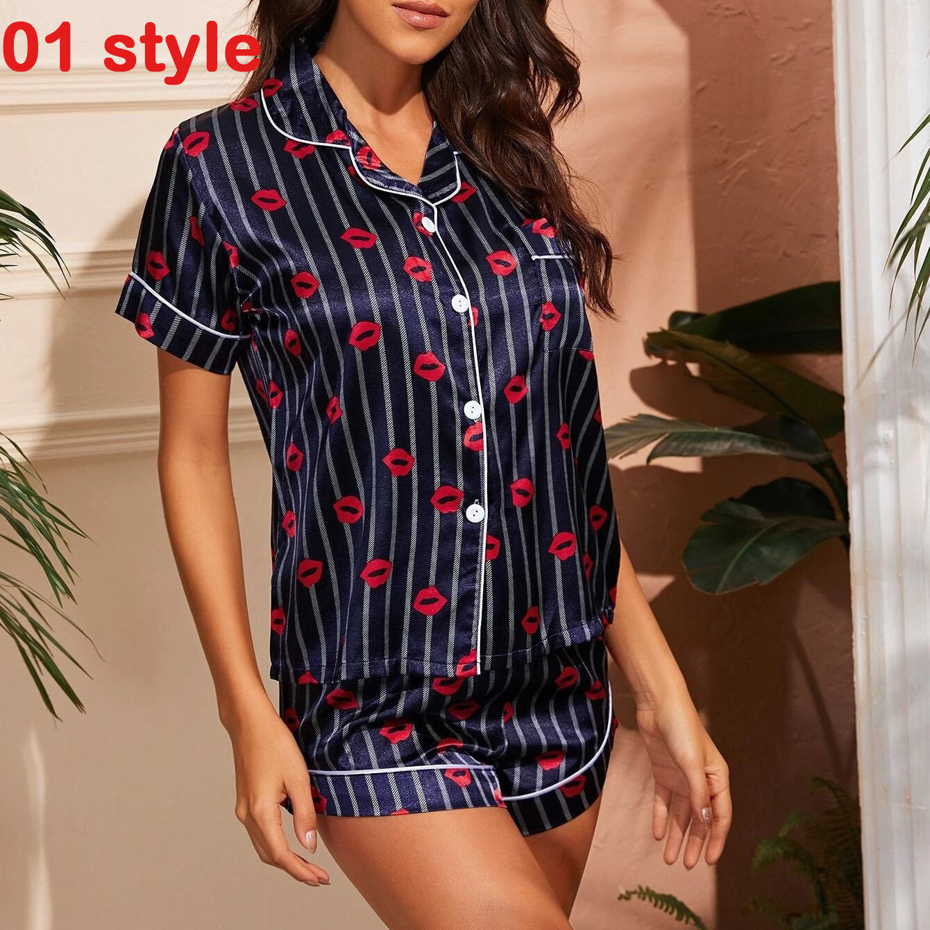 Summer Satin Women Pajams Print V-Neck Stretch Lingerie Female Sleepwear Casual Shorts Set Loungewear Women - L&M LIFE PRODUCTS