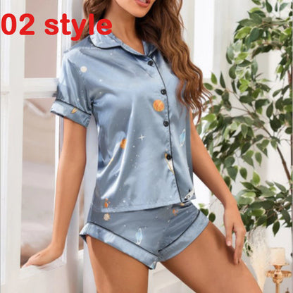 Summer Satin Women Pajams Print V-Neck Stretch Lingerie Female Sleepwear Casual Shorts Set Loungewear Women - L&M LIFE PRODUCTS