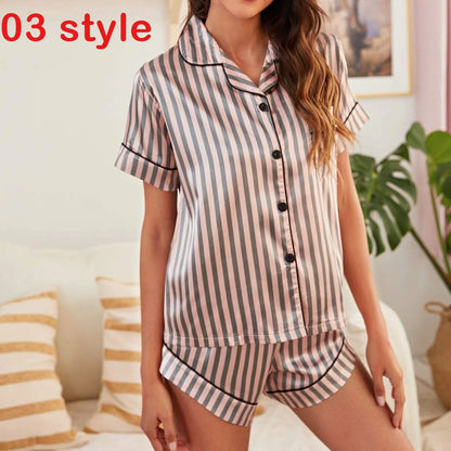 Summer Satin Women Pajams Print V-Neck Stretch Lingerie Female Sleepwear Casual Shorts Set Loungewear Women - L&M LIFE PRODUCTS