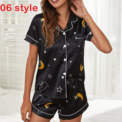 Summer Satin Women Pajams Print V-Neck Stretch Lingerie Female Sleepwear Casual Shorts Set Loungewear Women - L&M LIFE PRODUCTS