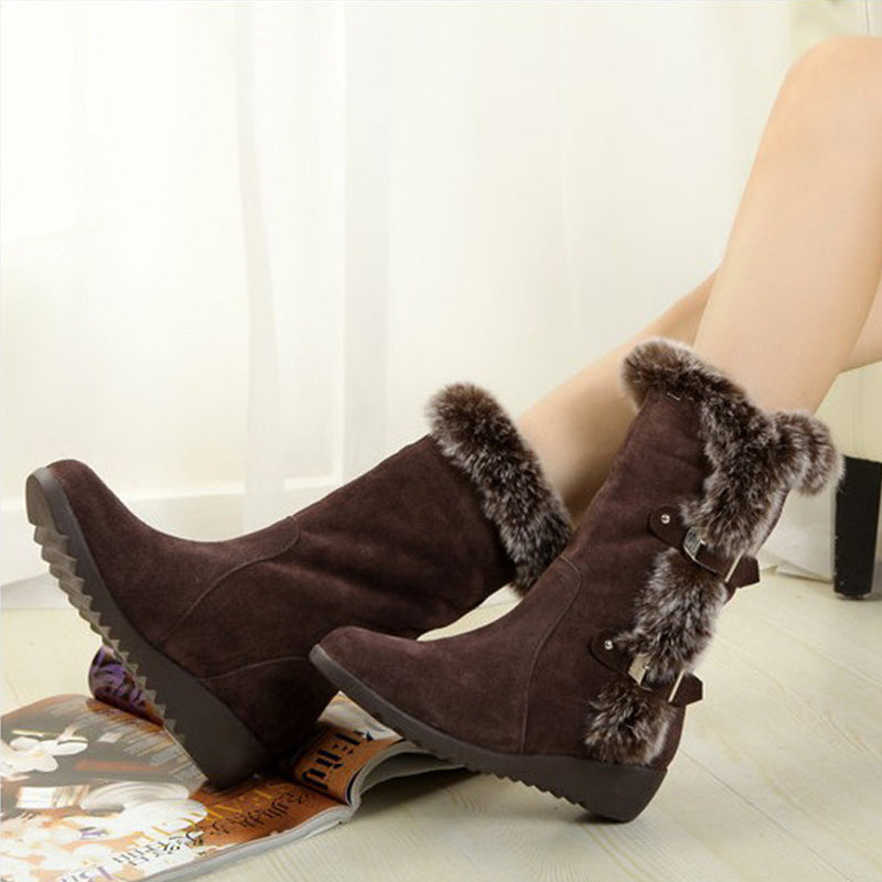 Brown New Winter Women Casual Warm Fur Mid-Calf Boots Shoes Women Slip-On Round Toe Flats Snow Boots Shoes - L&M LIFE PRODUCTS