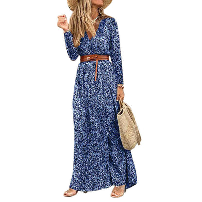 Long Sleeve V-neck Bohemian Floral Dress - L&M LIFE PRODUCTS