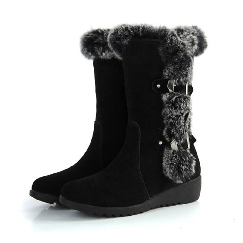 Brown New Winter Women Casual Warm Fur Mid-Calf Boots Shoes Women Slip-On Round Toe Flats Snow Boots Shoes - L&M LIFE PRODUCTS