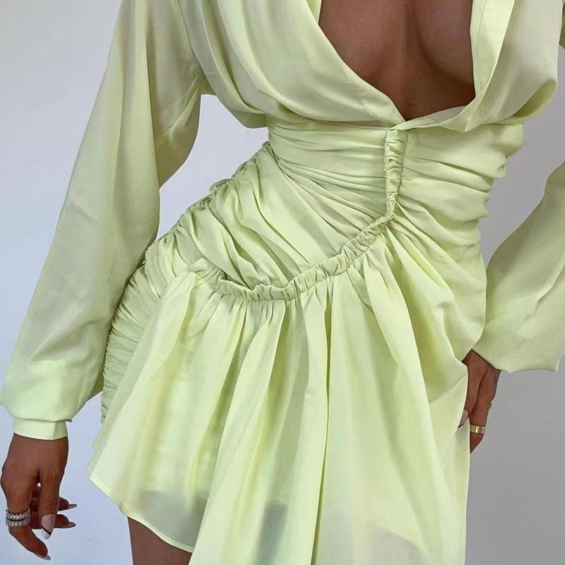 Solid Color Sexy Pleated Shirt Dress Women - L&M LIFE PRODUCTS