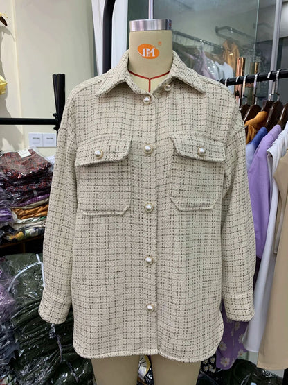 Women Plaid Pattern Thick Coats Jacket Pearl Buttons Long Sleeves Pocket Ladies Elegant Autumn Winter Coat - L&M LIFE PRODUCTS