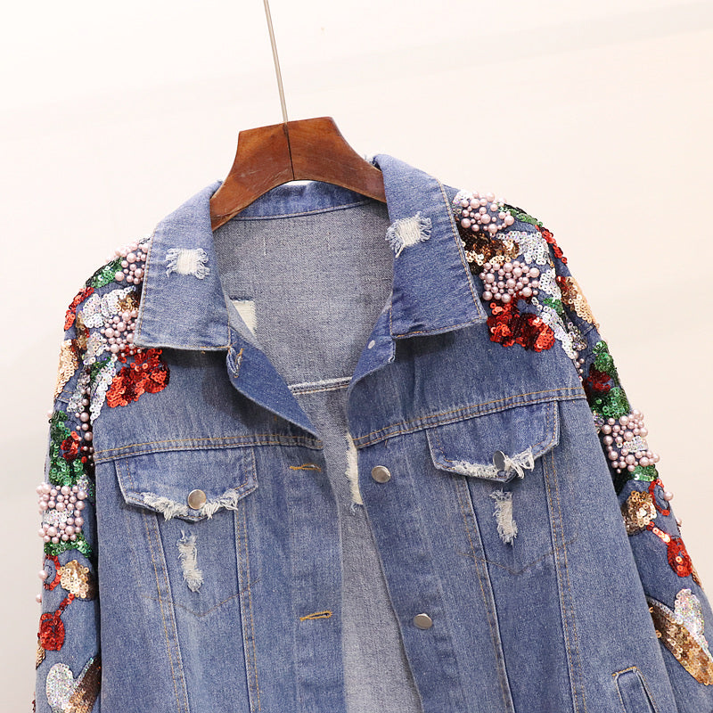 Loose Heavy Industry Embroidered Beaded Sequins Slimming Denim Jacket Women - L&M LIFE PRODUCTS