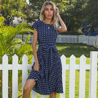 Summer Women Polka Dot Short Sleeve Dress Casual Bandage Party Pleated Midi Dresses Elegant Green Office Lady Clothing - L&M LIFE PRODUCTS