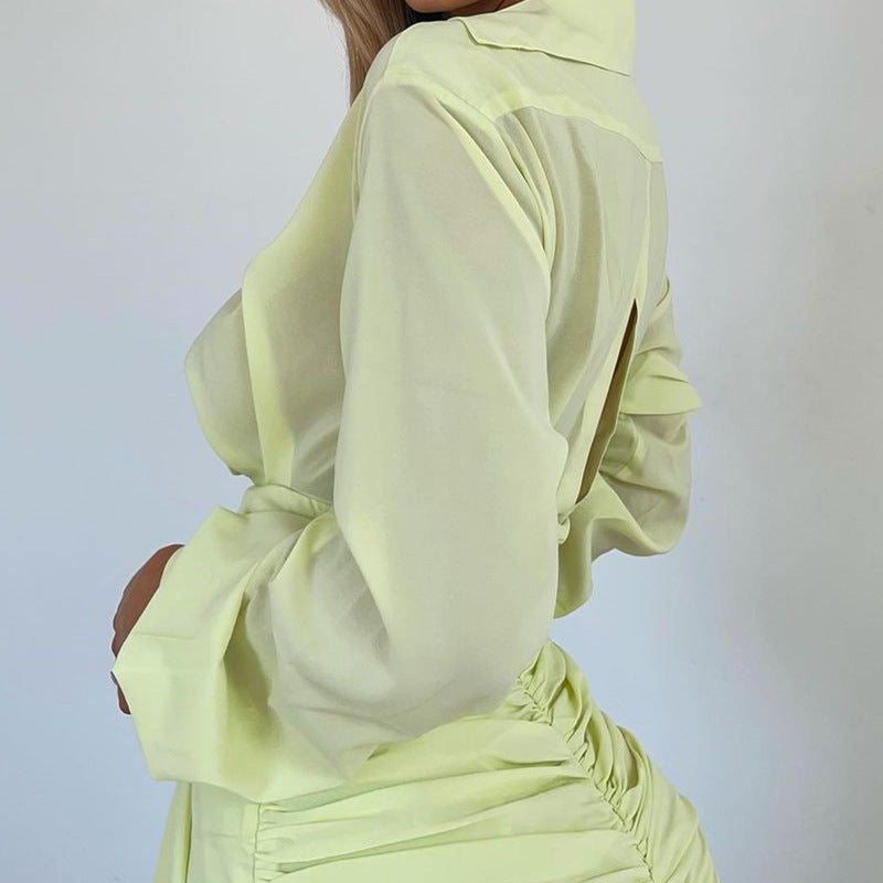 Solid Color Sexy Pleated Shirt Dress Women - L&M LIFE PRODUCTS
