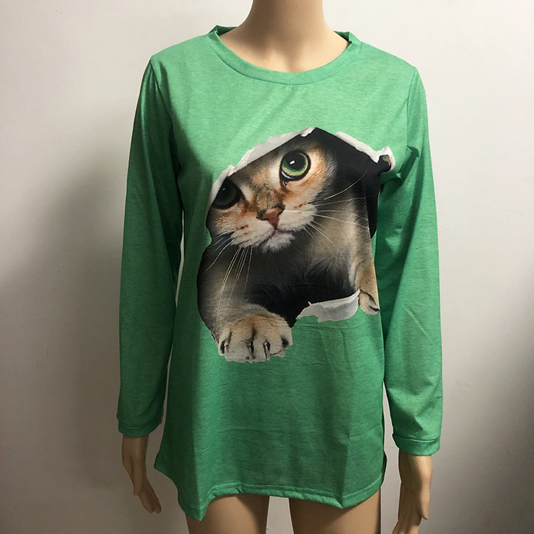 Fashion Round Neck Pullover Cat Long Sleeve Women's T-Shirt - L&M LIFE PRODUCTS