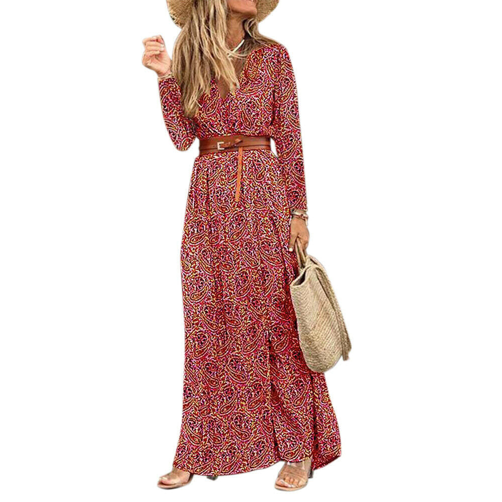 Long Sleeve V-neck Bohemian Floral Dress - L&M LIFE PRODUCTS