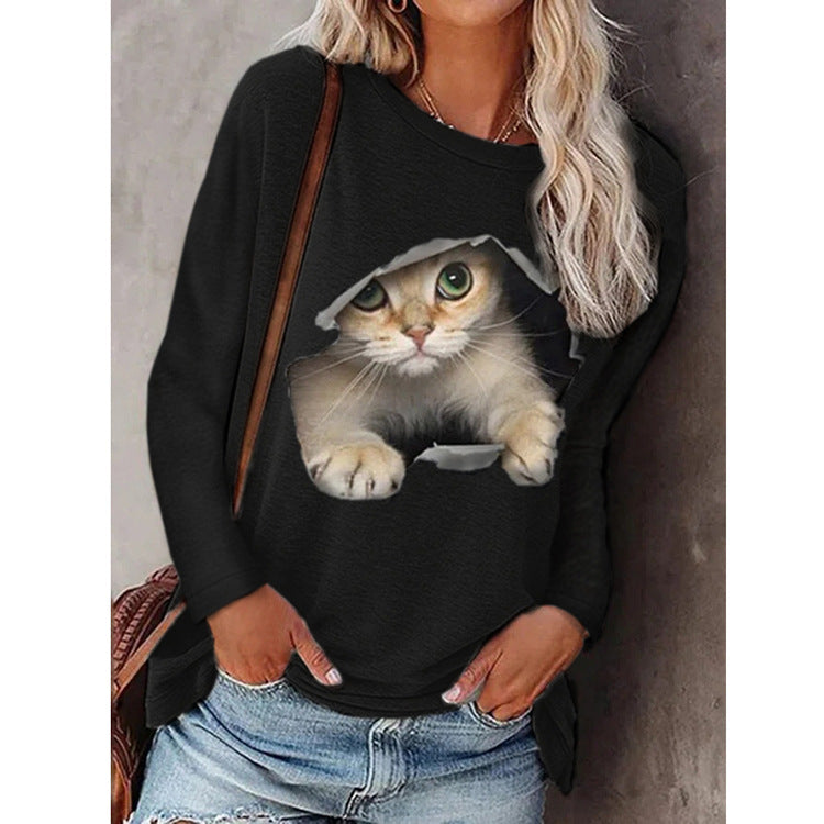 Fashion Round Neck Pullover Cat Long Sleeve Women's T-Shirt - L&M LIFE PRODUCTS