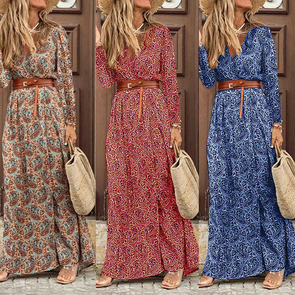 Long Sleeve V-neck Bohemian Floral Dress - L&M LIFE PRODUCTS