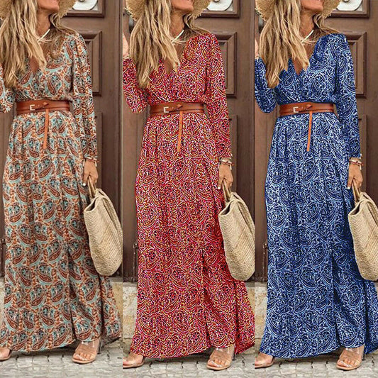 Long Sleeve V-neck Bohemian Floral Dress - L&M LIFE PRODUCTS