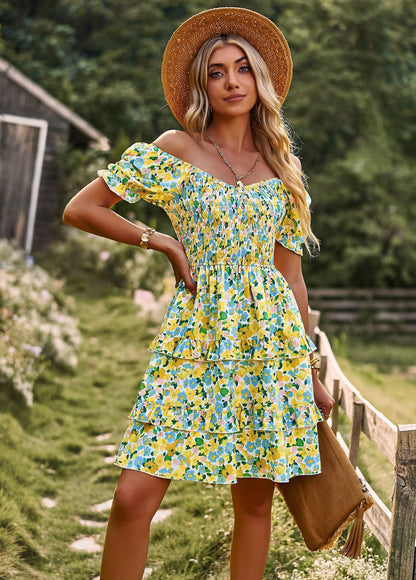 Floral Ruffle Summer Dress Short Sleeve Off Shoulder Mini Dress Beach - L&M LIFE PRODUCTS