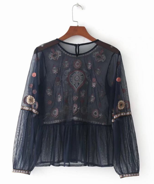 Sheer Mesh Floral Embroidery Top - L&M LIFE PRODUCTS