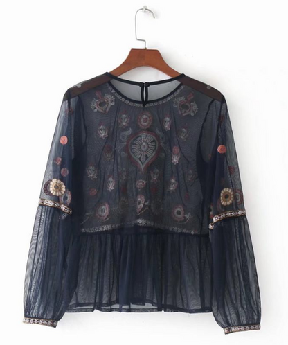 Sheer Mesh Floral Embroidery Top - L&M LIFE PRODUCTS
