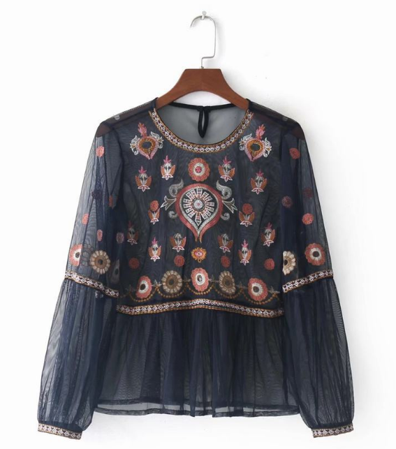 Sheer Mesh Floral Embroidery Top - L&M LIFE PRODUCTS