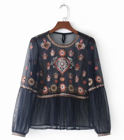 Sheer Mesh Floral Embroidery Top - L&M LIFE PRODUCTS