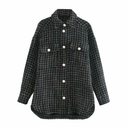 Women Plaid Pattern Thick Coats Jacket Pearl Buttons Long Sleeves Pocket Ladies Elegant Autumn Winter Coat - L&M LIFE PRODUCTS