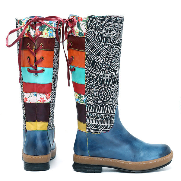 Vintage Mid-calf Boots Women Shoes Bohemian Retro Genuine Leather Motorcycle Boots Printed Side Zipper Back Lace Up Botas - L&M LIFE PRODUCTS