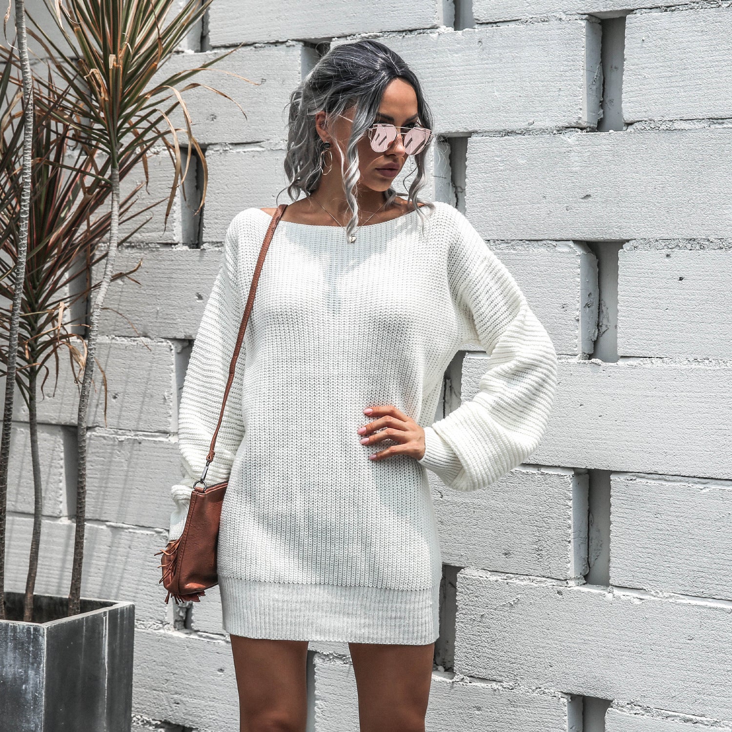 European And American Casual Off Shoulder Lantern Sleeve Knitted Sweater Dress - L&M LIFE PRODUCTS