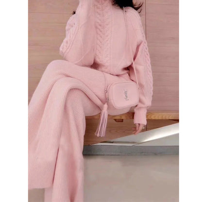 Two-piece High-neck Twist Sweater Women's Ice Silk Knitted Wide-leg Pants - L&M LIFE PRODUCTS