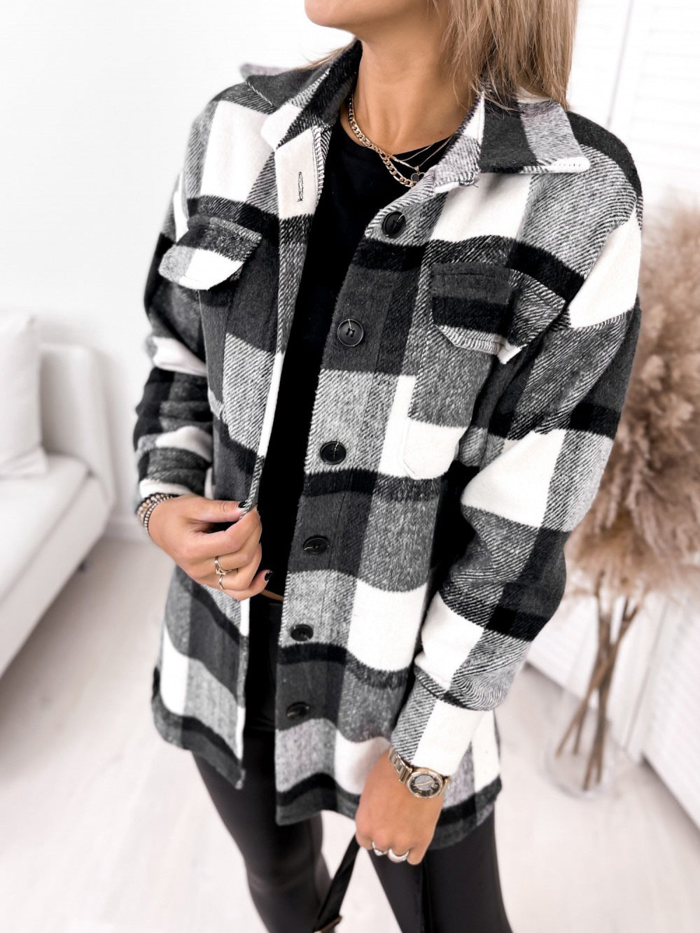Long-sleeved Single-breasted Plaid Print Shirt Collar Woolen Jacket - L&M LIFE PRODUCTS