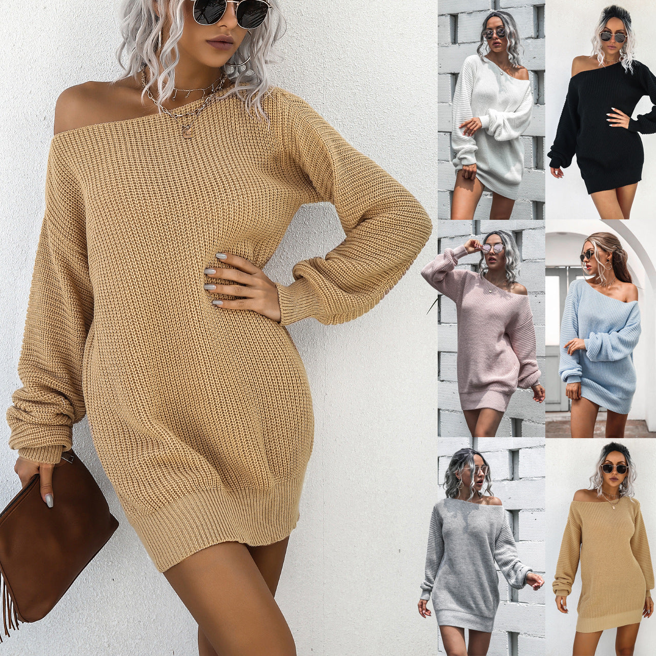 European And American Casual Off Shoulder Lantern Sleeve Knitted Sweater Dress - L&M LIFE PRODUCTS