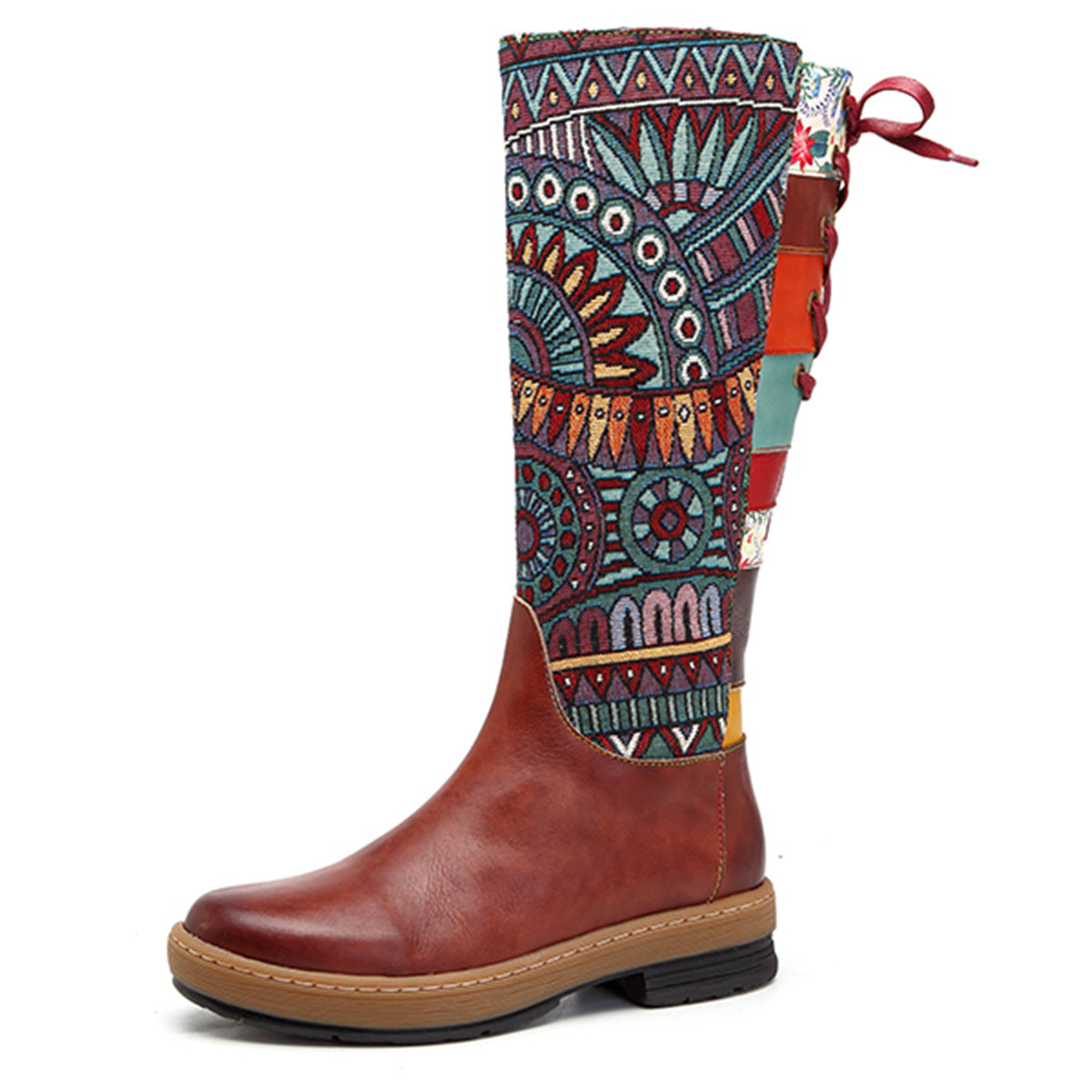 Vintage Mid-calf Boots Women Shoes Bohemian Retro Genuine Leather Motorcycle Boots Printed Side Zipper Back Lace Up Botas - L&M LIFE PRODUCTS