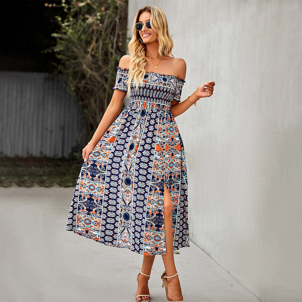 Women's Dress Boho Floral Print Off Shoulder Split Long A Line Beach Dress - L&M LIFE PRODUCTS